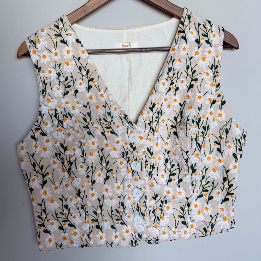 Peach Floral Embroidered V-Neck Crop Top Vest